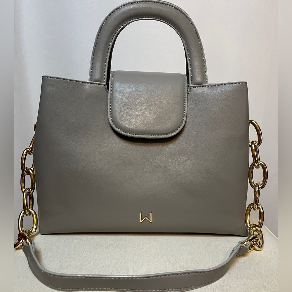 NWOT. House of Want Snack Top Handle Vegan Leather Satchel in Stone Grey.
